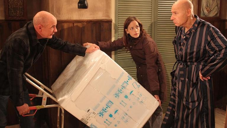 Heinz und Sophie rollen eine Waschmaschine in den Raum, Franz steht skeptisch daneben