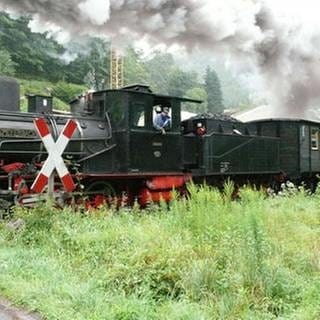 Die preußische T 3, dahinter die fahrbare Museumsschänke, ein 4-teiliger historischer Wagenpark aus der Pfalzbahnzeit.