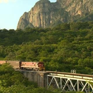 Ein Güterzug fährt über eine Brücke
