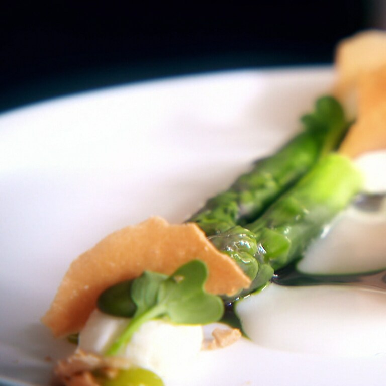 Ein Gericht mit Spargel, angerichtet auf einem Teller: Grüner Spargel mit Bärlauch, fermentiertem Spargelsud, Parmesanmousse und gebeiztem Lachs.
