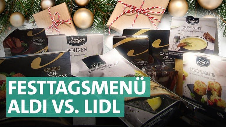 Gourmet-Produkte von Aldi und Deluxe-Produkte von Lidl liegen nebeneinander. Festtagsmenü vom Discounter - wie gut sind Rehgulasch, Tiramisu und Co?